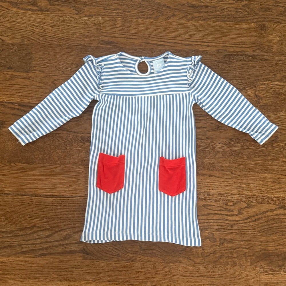 Bella Bliss Blue & White Striped Dress with Red Pockets